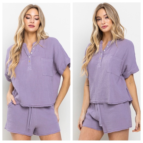 39 Boho Cotton Gauze Short Sleeve Top and Shorts Set - Picture 4 of 4